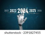 Small photo of Happy New Year 2024 Robot hand touch on a virtual screen 2024. AI and innovation future growth year 2024.New technology trends. innovation and technology transformation in business and industry.