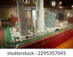 Small photo of april 28, 2023 - Italy, Lombardy, Monza - 'I Love Lego' exhibition of dioramas displayed in the Royal Villa (Villa Reale) in Monza. Great Diorama City built with 180,000 Lego bricks.