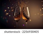 Festive New Year, Anniversary, Birthday background. Two glasses with sparkling wine, confetti stars, golden glossy shiny streamer, party decorations 2