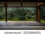 View of garden through window at Jizoin temple, Kyoto, Japan