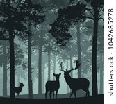 deep forest with deer  doe and... | Shutterstock .eps vector #1042685278