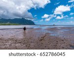 Small photo of Kanehoe, Hawaii, Oahu, USA - May 29, 2017: local wahine walking the Kanehoe bay north beach at low tide towards chinaman's hat