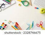 Small photo of Dive into the realm of virtual learning with this top-down picture showcasing a keyboard, notebooks and educational essentials on white backdrop. Customize copy-space with text or promotional content