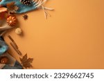 Small photo of Welcome autumn vibes. Top view of warm blanket, miniature pumpkins, golden leaves, pine cone, cinnamon sticks, and star anise on an orange backdrop. Perfect for text or advertising