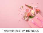 Small photo of Express your love with perfect gifts! Top view of paper bag loaded with presents: lipstick, brushes, eyeshadow, mascara, heart sprinkles, roses on a pastel pink surface. Ideal for Valentine's Day joy