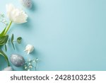 Small photo of Easter motif visual with top view of slate greyish eggs, a small bunny sculpture, gypsophila, tulip, and eucalyptus branch set against a pastel blue canvas, leaving space for words