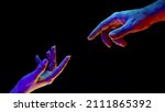 Small photo of Idea of earth creation. Hands reaching out, pointing finger together on black and neon colorful light. Man and woman, love, religion. Contemporary art, evolution, origins concept.