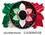 Small photo of Flag of Mexico. Mexican sombrero. Top view photo. Mexico Independence Day. Background template for headers, newsletters, congratulations for subscribers. Rough scratchy ragged edges. White background