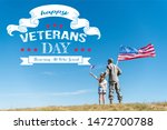 back view of kid in straw hat and military father holding american flags with happy veterans day, honoring all who served illustration