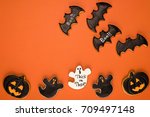 top view of halloween cookies... | Shutterstock . vector #709497148