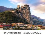 Small photo of Arco city with castle on rocky cliff in Trentino Alto adige - province of Trento - Italy landmarks .