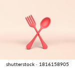 Flat red fork and spoon with monochrome flat red color and white background, 3d Rendering, dinner table items