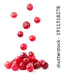 Small photo of Cranberries fall on a pile on a white background, levitating cranberries. Isolated