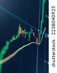 Small photo of Vertical image of crypto trading stock market chart with technical price graph and indicator, green candlestick going up mixed with some red falling, helping to make analysis of up and downtrend
