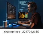 Small photo of Profile view portrait of young guy data scientist working at pc at home late night, debugging script cyber space error, isolated on wall with zoomed digital page