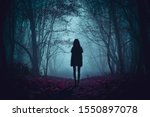 Ghost on the scary road in the paranormal world. Horrible dream. Strange forest in a fog. Mystical atmosphere. Dark wood. Mysterious road. Gothic witch. Background wallpaper. Gloomy times. 