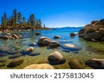Small photo of Sand Harbor Beach at Lake Tahoe, Nevada State Park, with Sierra Nevada Mountains in the background.