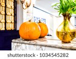 Green plant in vase water decoration with orange pumpkin in front of mirror of apartment building lobby indoors interior, reflection in October Halloween fall autumn season Thanksgiving
