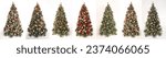 Small photo of Seven very beautiful decorated christmas trees side by side in front of a white background