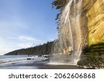 Scenic Landscape of Beautiful Waterfall on Mystic Beach, Strait of Juan De Fuca Marine Hiking Trail.  Pacific Northwest, Vancouver Island, British Columbia Canada