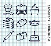 set of 9 bakery outline icons... | Shutterstock .eps vector #608304068