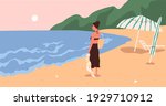 young woman standing on beach... | Shutterstock .eps vector #1929710912