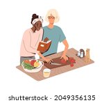 couple cook with culinary book  ... | Shutterstock .eps vector #2049356135