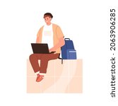 student with laptop on knees... | Shutterstock .eps vector #2063906285
