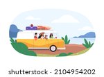 Friends and dog travel by car on summer holidays. People drive van, arriving to sea coast. Family in caravan at seaside. Flat vector illustration of travelers on vacation isolated on white background.