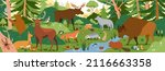 Forest animals in wild nature. Environment landscape with trees and habitats. Biodiversity of flora and fauna in temperate woods. Wildlife in woodland panorama. Colored flat vector illustration