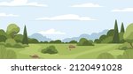 Countryside landscape with green grass, trees, sky horizon and clouds. Rural summer scenery with grassland, panoramic view. Calm nature panorama. Country environment. Flat vector illustration