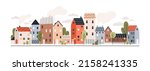 Cute houses, city buildings in Scandinavian style. Cosy town panorama with home exteriors, Scandi architecture. Urban street with chimneys, smoke. Flat vector illustration isolated on white background