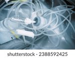 Small photo of Close-up of toxic waste, IV tube, Intravenous therapy for acetate ringer's injection, saline bottles, Syringes, from clinics or hospitals for recycling