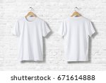 Blank White T-Shirts Mock-up hanging on white wall, front and rear side view. Ready to replace your design