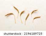 Small photo of Sheaf of wheat ears close up and seeds on colored background. Natural cereal plant, harvest time concept. Top view, flat lay. world wheat crisis.