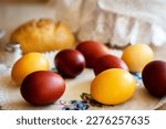Easter Eggs Naturally Dyed with Onion Skins. The beauty of homemade Eggs. Decorating Easter Eggs is an essential part of Easter in Poland. Pisanki prepared for Polish Easter Basket. Hard boiled eggs.