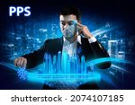 Small photo of Business, Technology, Internet and network concept. Young businessman working on a virtual screen of the future and sees the inscription: PPS