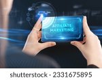 Business, Technology, Internet and network concept. Young businessman working on a virtual screen of the future and sees the inscription: Affiliate marketing
