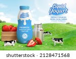 3d liquid yogurt ad template for product display. Yogurt bottle mock-up on farmland with a wooden box of strawberries, milk can and cows grazing on the meadow.