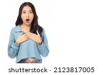 Small photo of Surprised happy beauty asian woman looking camera in excitement with mouth open Expressive facial expressions. Beautiful girl act like a satisfied product Isolated on white background copy space
