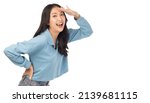 Small photo of Surprised happy beauty asian woman looking at camera in excitement Expressive facial expressions Presenting a product Beautiful girl act like a telling, seeking something Isolated on white background
