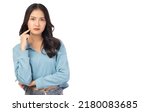Small photo of Thinking Young Asian woman standing over isolated on white background Beauty girl looking at camera with curious face Touch her cheek, Thinking Decide and Solve her dilemma or Problem