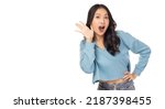 Small photo of Surprised happy beauty asian woman looking camera in excitement Expressive facial expressions Excited young lady hearing whisper Beautiful girl act like a tell someone Isolated on white background