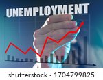 Rising unemployment during recession. Economic crisis has led to unemployment. Man depicts a graph. Growing graph is drawn on glass. Stylus in the hand. Large Aplan unemployment logo. Labor market.
