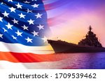 American warship. America's Navy. Ship on the background of the American flag. Naval forces of the United States. us Navy. Ship against the background of the sunset and the American flag.