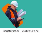 Builder man with a phone. Builder with blueprints on a turquoise background. Hard hat and construction uniforms on the builder. Construction uniform sale concept. Sale of protective uniforms