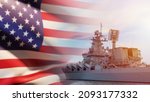 Small photo of American Navy. Missile cruiser on the background of the US flag. American warship with missiles and radars. Fleet of USA. Naval forces of United States of America. Missile cruiser at sea or ocean.