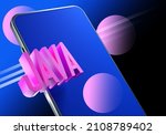 Java programming language for mobile development. Mobile application development. Smartphone with Java logo. Javascript for mobile apps. Mobile web development using java. 3d image