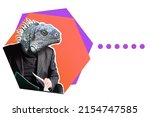 Small photo of ?hameleon man. A person quickly adapts to the situation. A man with a reptilian head. A bright collage of modern art. A lizard in a business suit. Space for the text.