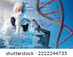 Small photo of Gene mutation. Genetic laboratory employee. DNA sequencing. Woman geneticist chemical protection suits. Girl geneticist conducts experiments with DNA. Geneticist is sitting at table with microscope.